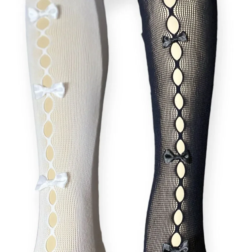 Black Cut Out Black Satin Bows Tights NEW